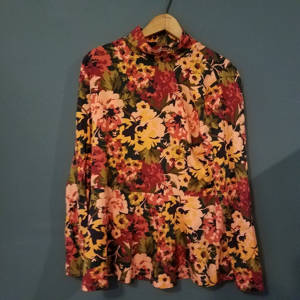 Isaac Mizrahi Live Dark Floral Peplum High‎ Neck Long Sleeve Top Medium